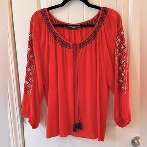 Altar’d State Boho Embroidered sleeve smocked collar coral/red Top Size XL